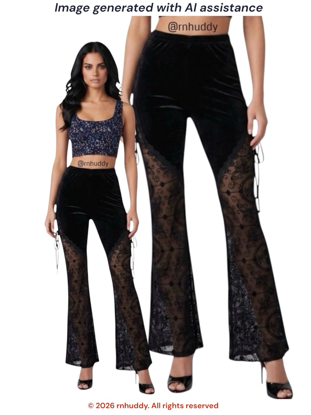 Women’s L black gothic velvet & lace side lace up flare pant